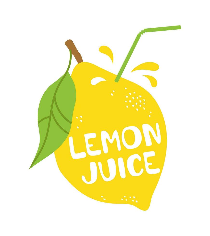 Lemon juice. Full lemon with straw and juice splash. Vector illustration isolated