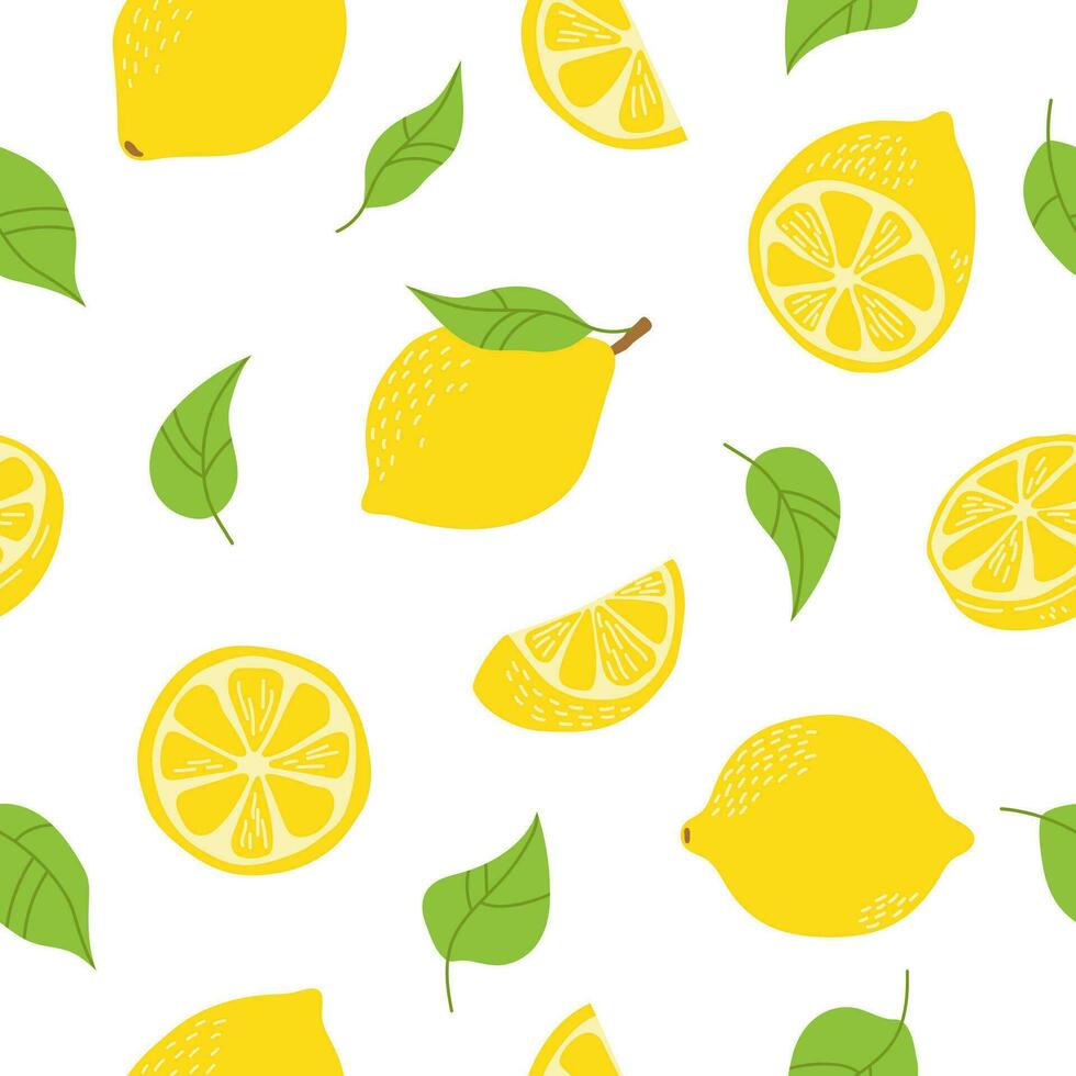 Seamless pattern with fresh lemon whole, full, half, slice, leaf. Fruits. Freehand vector illustration