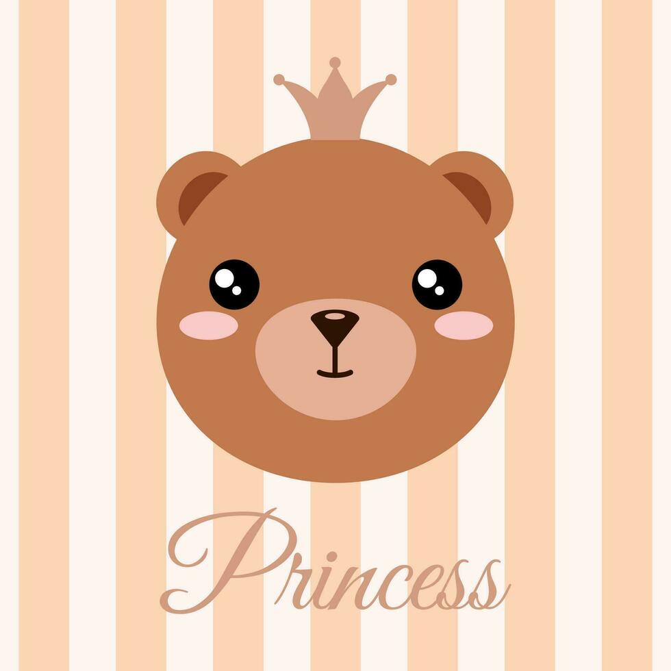Little baby bear girl princess. Character of baby animal face with crown on head. Vector illustration of bear cub. Print or greeting card design for kids.
