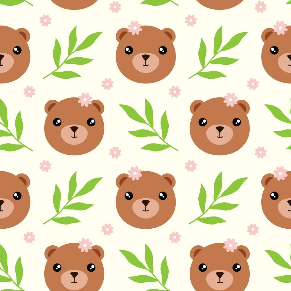 Seamless pattern with little baby bears. Character of baby animal face with pink flower on head. Vector illustration of bear cub. Print with animals and plants for kids.