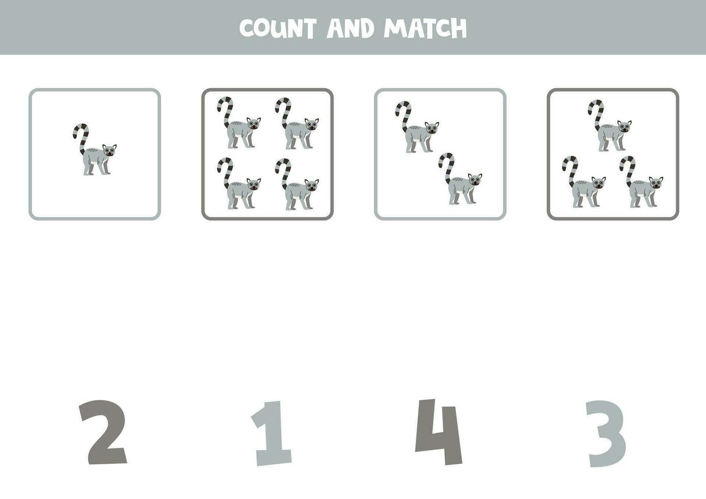 Counting game for kids. Count all lemurs and match with numbers. Worksheet for children. vector