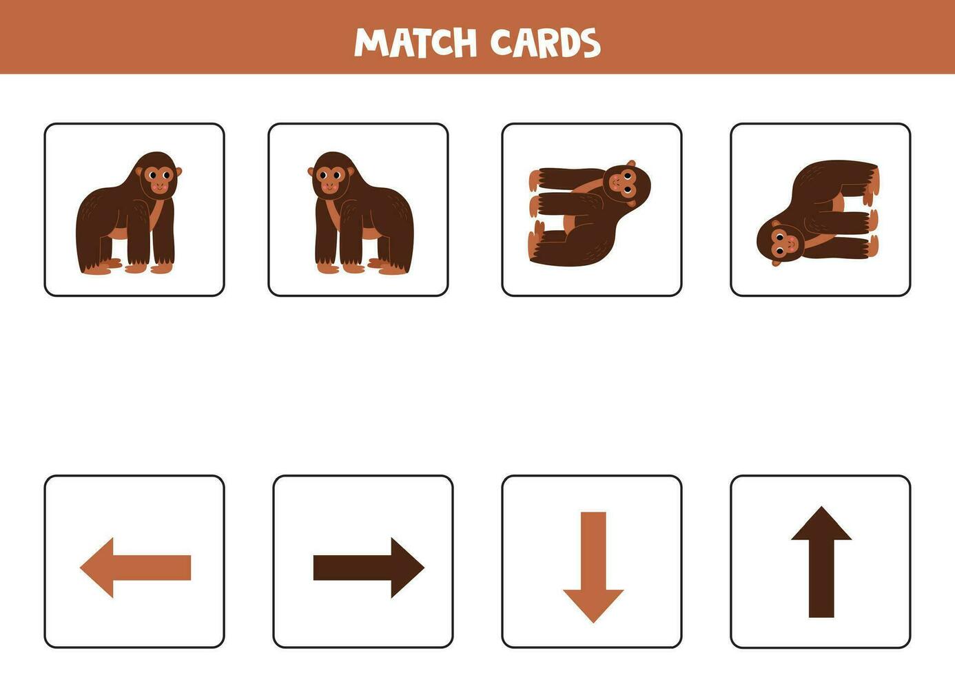 Left, right, up or down. Spatial orientation with cute brown gorilla. vector