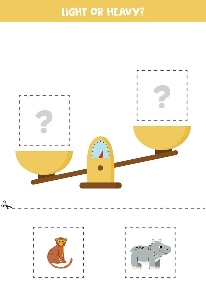 Light, heavy or equal. Cut pictures below and glue to the right box. vector