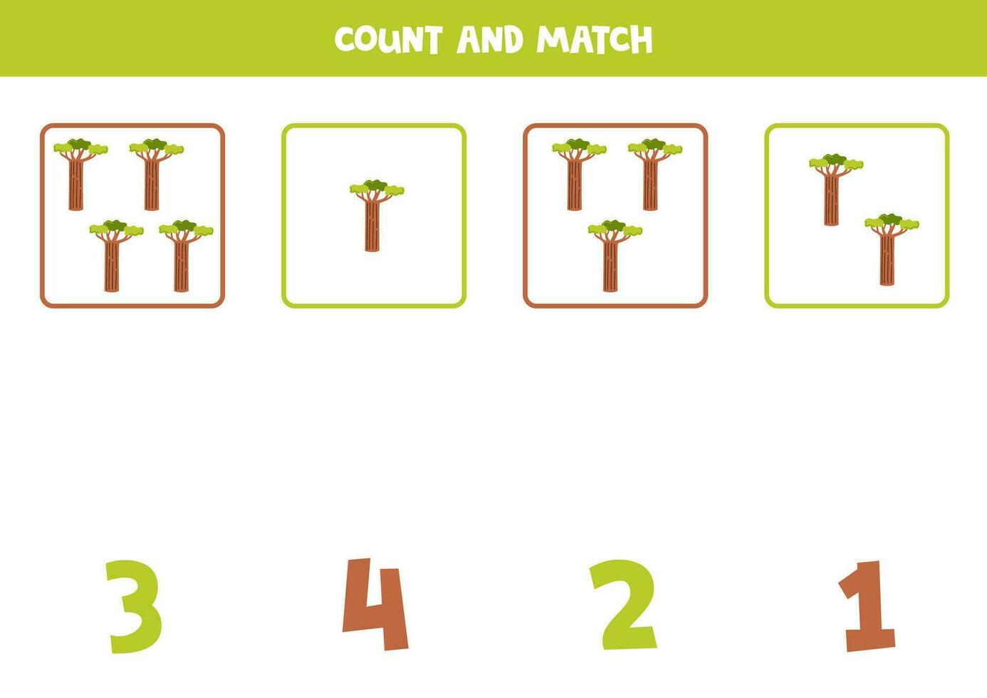 Counting game for kids. Count all baobabs and match with numbers. Worksheet for children. vector