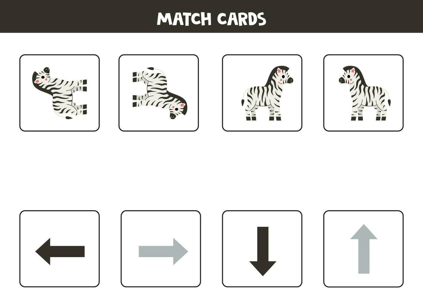 Left, right, up or down. Spatial orientation with cute zebras. vector