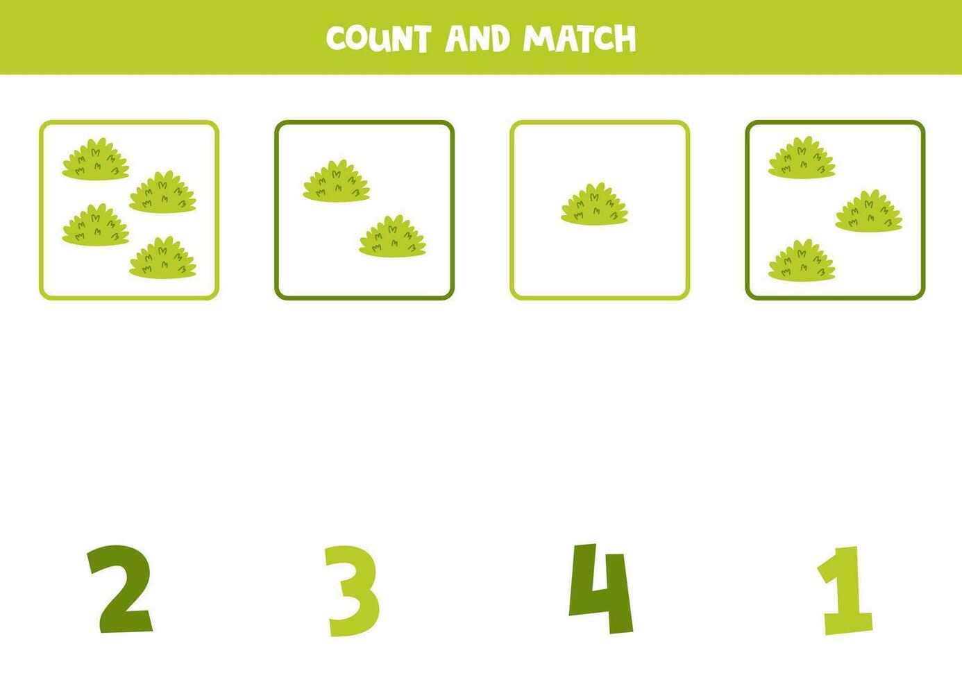 Counting game for kids. Count all green bushes and match with numbers. Worksheet for children. vector