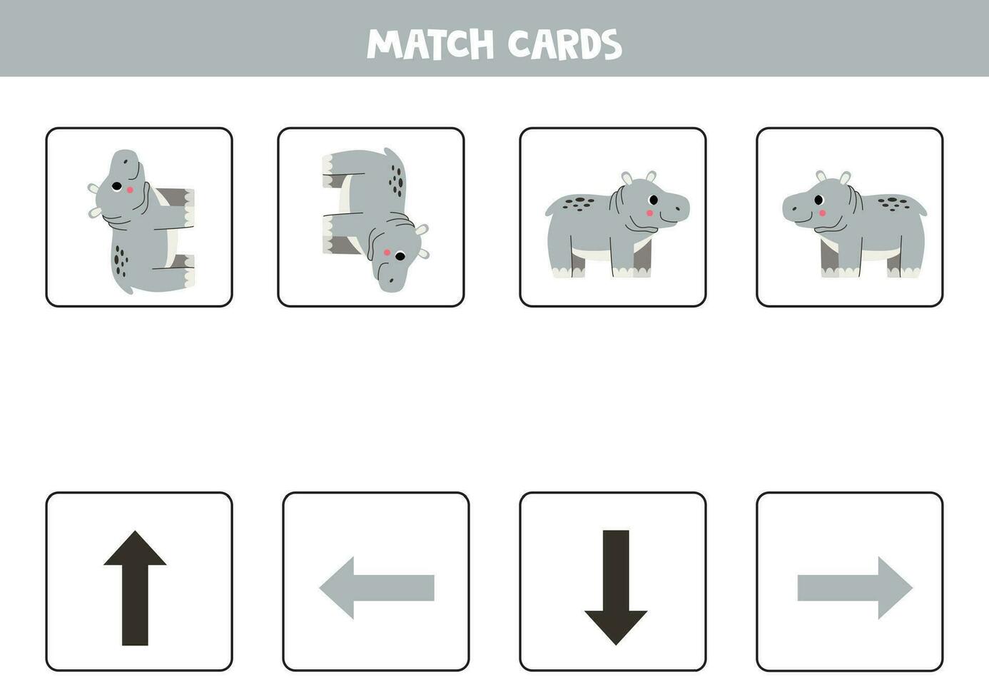 Left, right, up or down. Spatial orientation with cute gray hippopotamus. vector