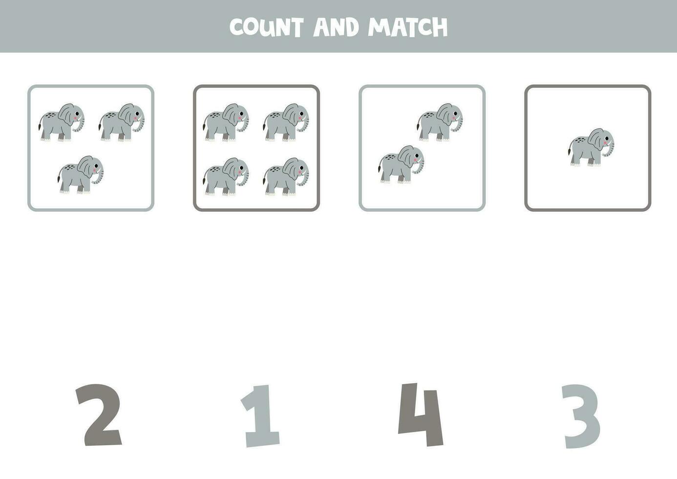 Counting game for kids. Count all elephants and match with numbers. Worksheet for children. vector