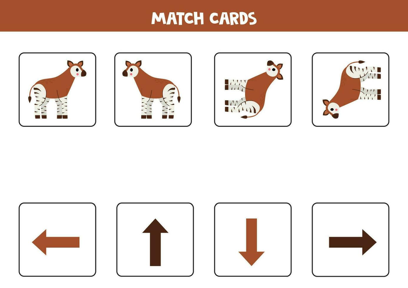 Left, right, up or down. Spatial orientation with cute okapis. vector