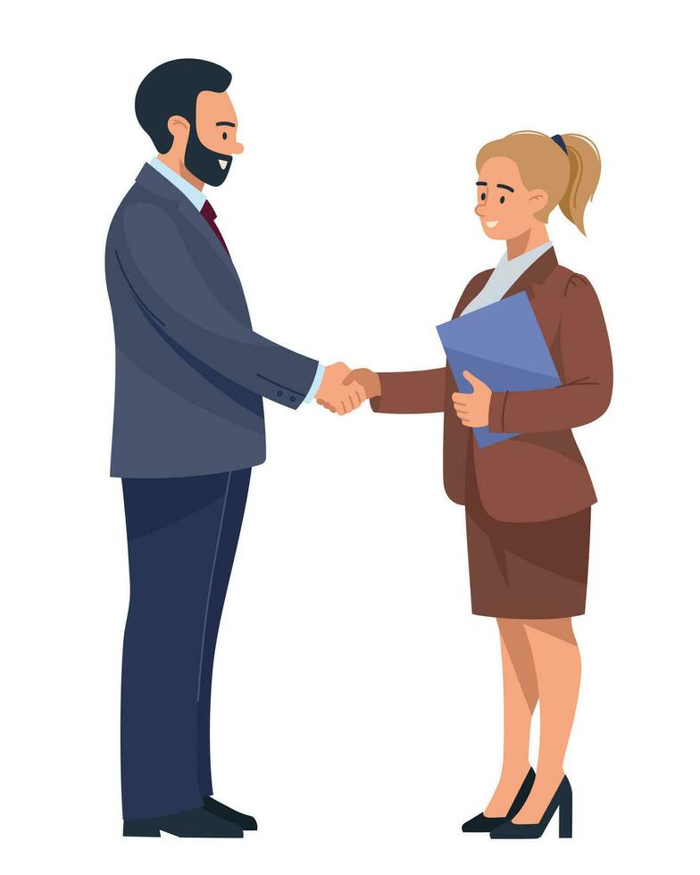 People at work. Business people. Men and women in business suits shake hands. Business meeting, negotiations. Solving work issues. office life. Vector image.