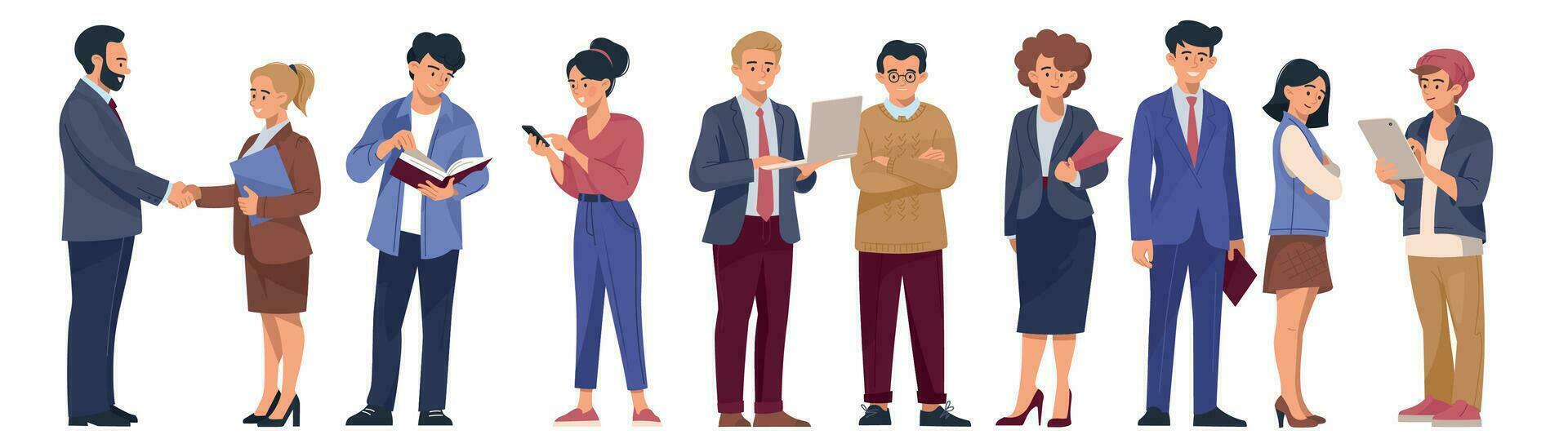 personas a trabajar. negocio gente. hombres y mujer en negocio trajes. un hombre con un ordenador portátil. resolviendo trabajo asuntos. oficina vida. vector