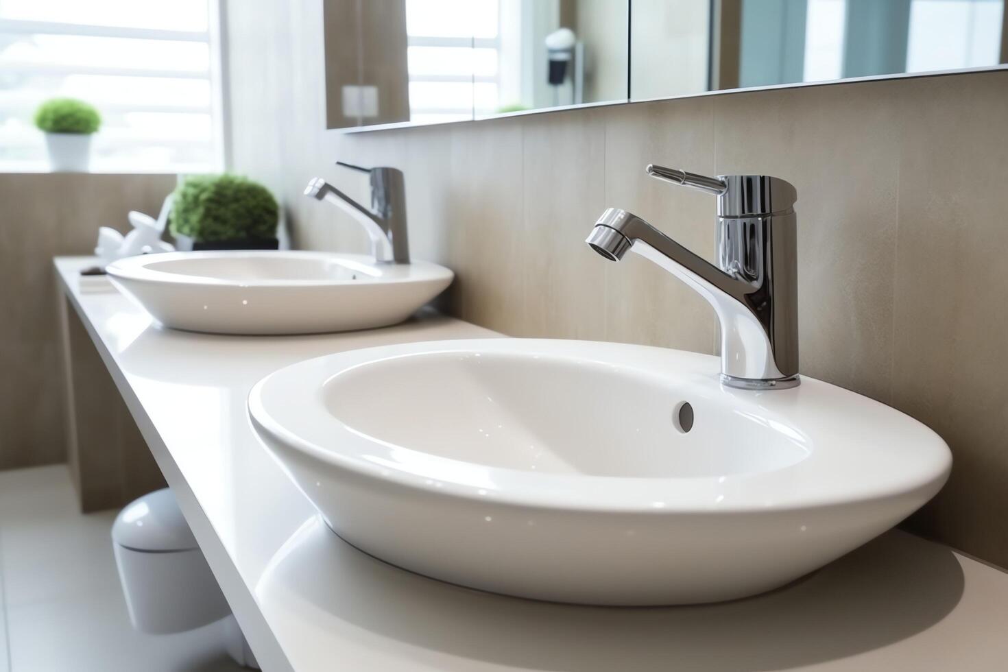 Modern public bathroom with row of white ceramic wash sink basins and faucet with mirror in restroom concept by photo