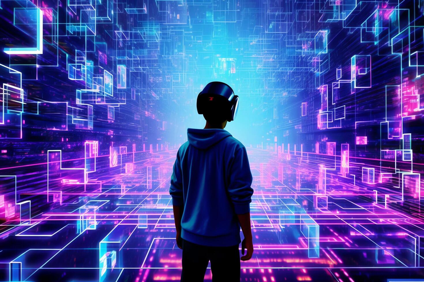 Futuristic concept of vr and ar technology a virtual reality on a blue background. Metaverse concept by photo