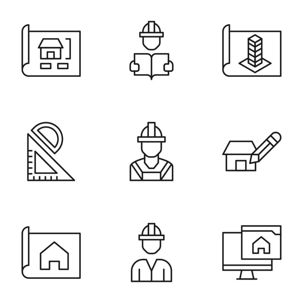 colección de vector aislado señales dibujado en línea estilo. editable ataque. íconos de privado casa, construcción obrero, oficina, plan, edificio, renovación