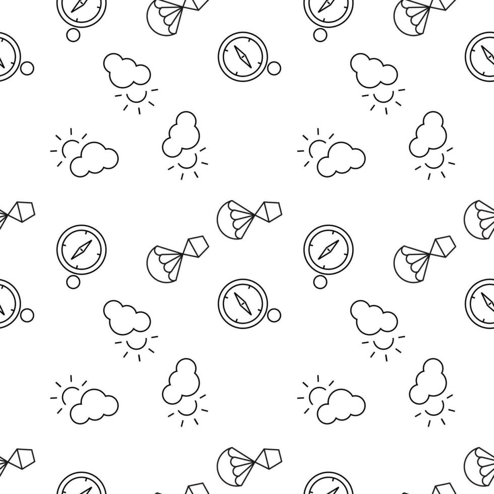 Seamless monochrome repeating pattern of compass, balloon, sun over clouds vector