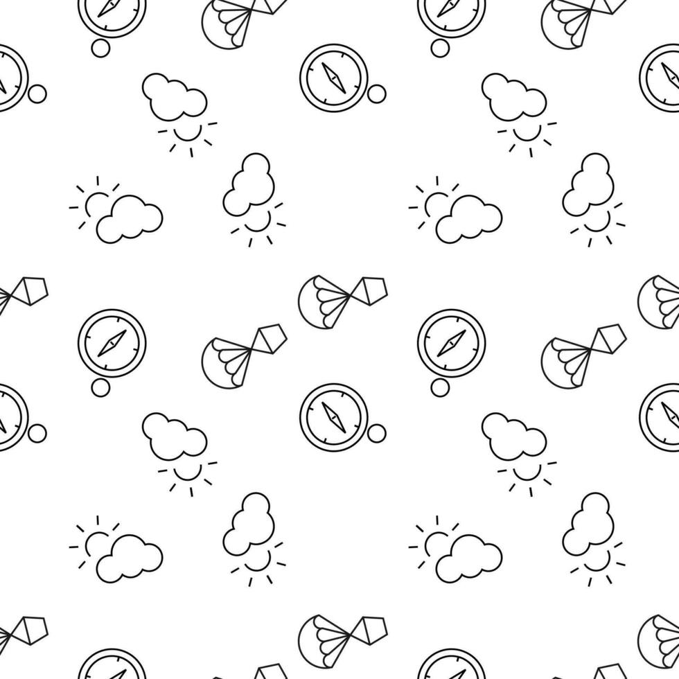 Seamless monochrome repeating pattern of compass, balloon, sun over clouds vector