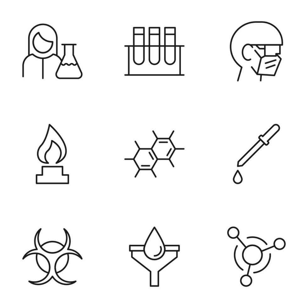 Collection of vector isolated signs drawn in line style. Editable stroke. Icons of female chemist, lab bulbs, fire, chemical compound, pipette, hazard sign, funnel