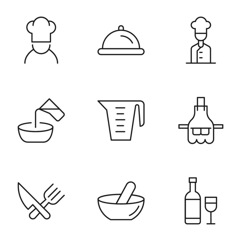 Collection of vector isolated signs drawn in line style. Editable stroke. Icons of chef, bowl with cloche, vase for measure, apron, mortar and pestle