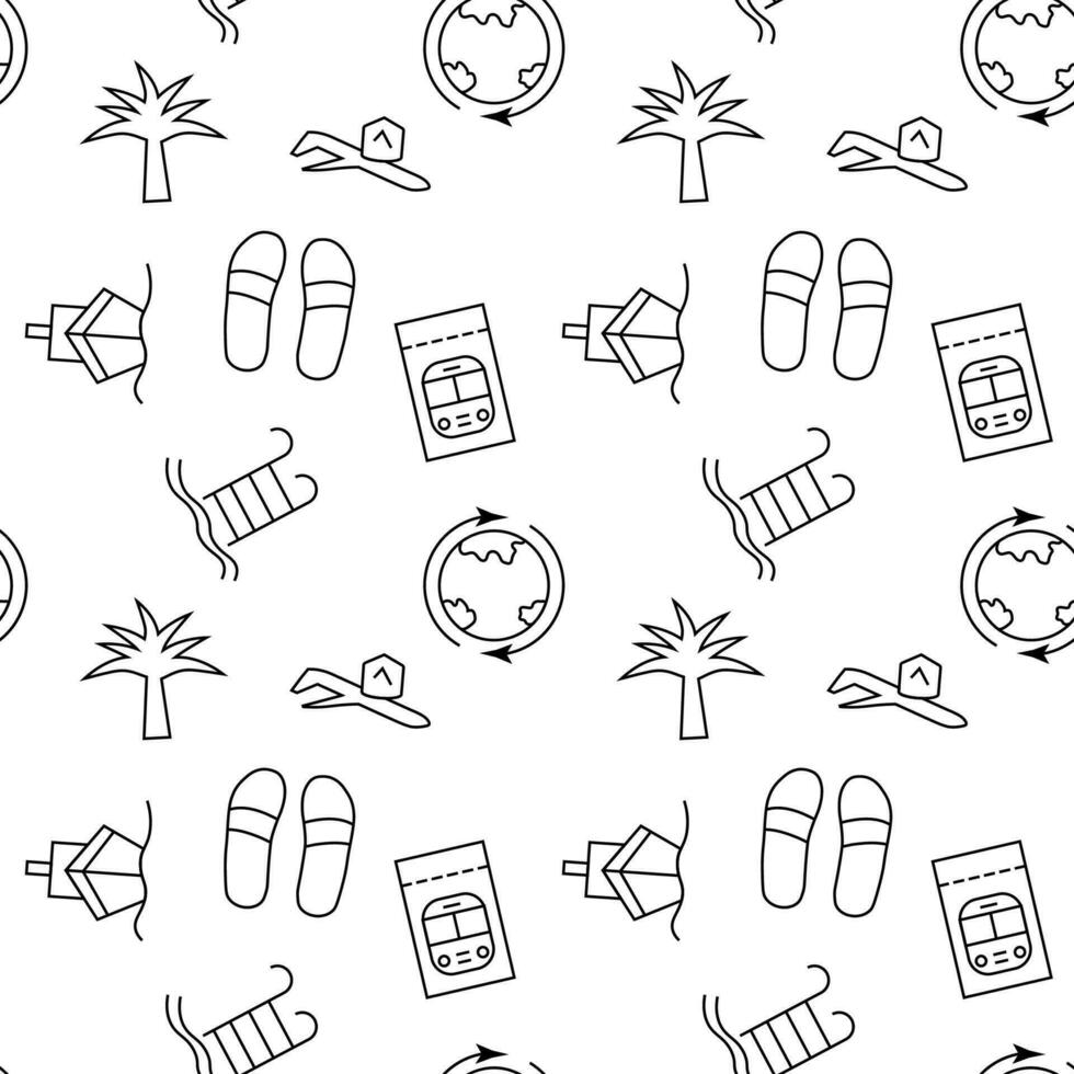 Seamless monochrome repeating pattern of flight, palm, ticket, swimming pool, planet vector