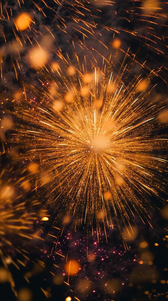 Beautiful firework show with cityscape at night for celebration happy new year. Firework display concept by photo