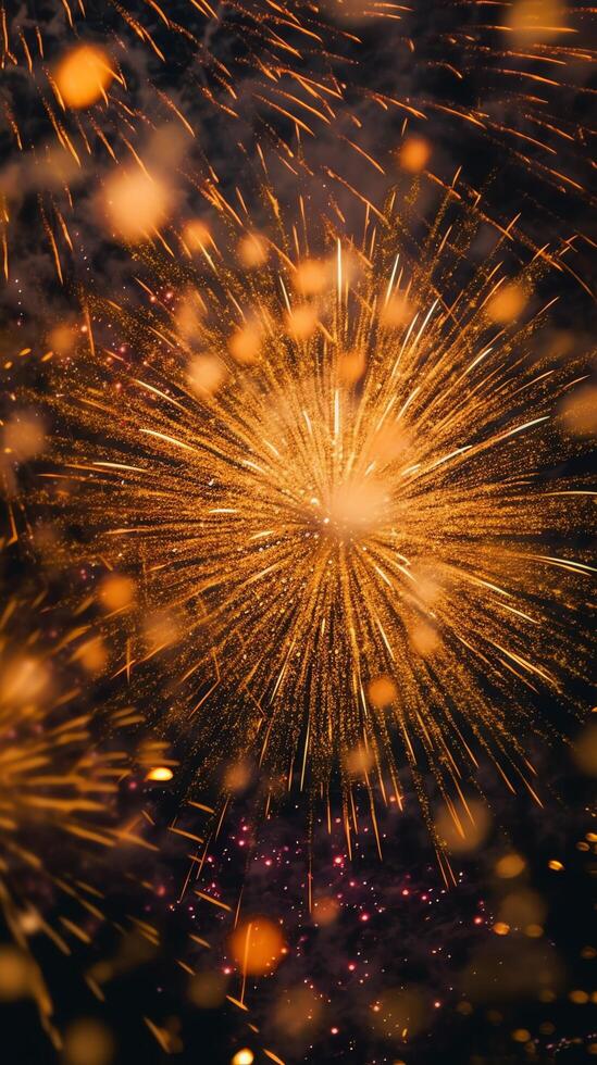 hermosa Fuegos artificiales espectáculo con paisaje urbano a noche para celebracion contento nuevo año. Fuegos artificiales monitor concepto por ai generado foto