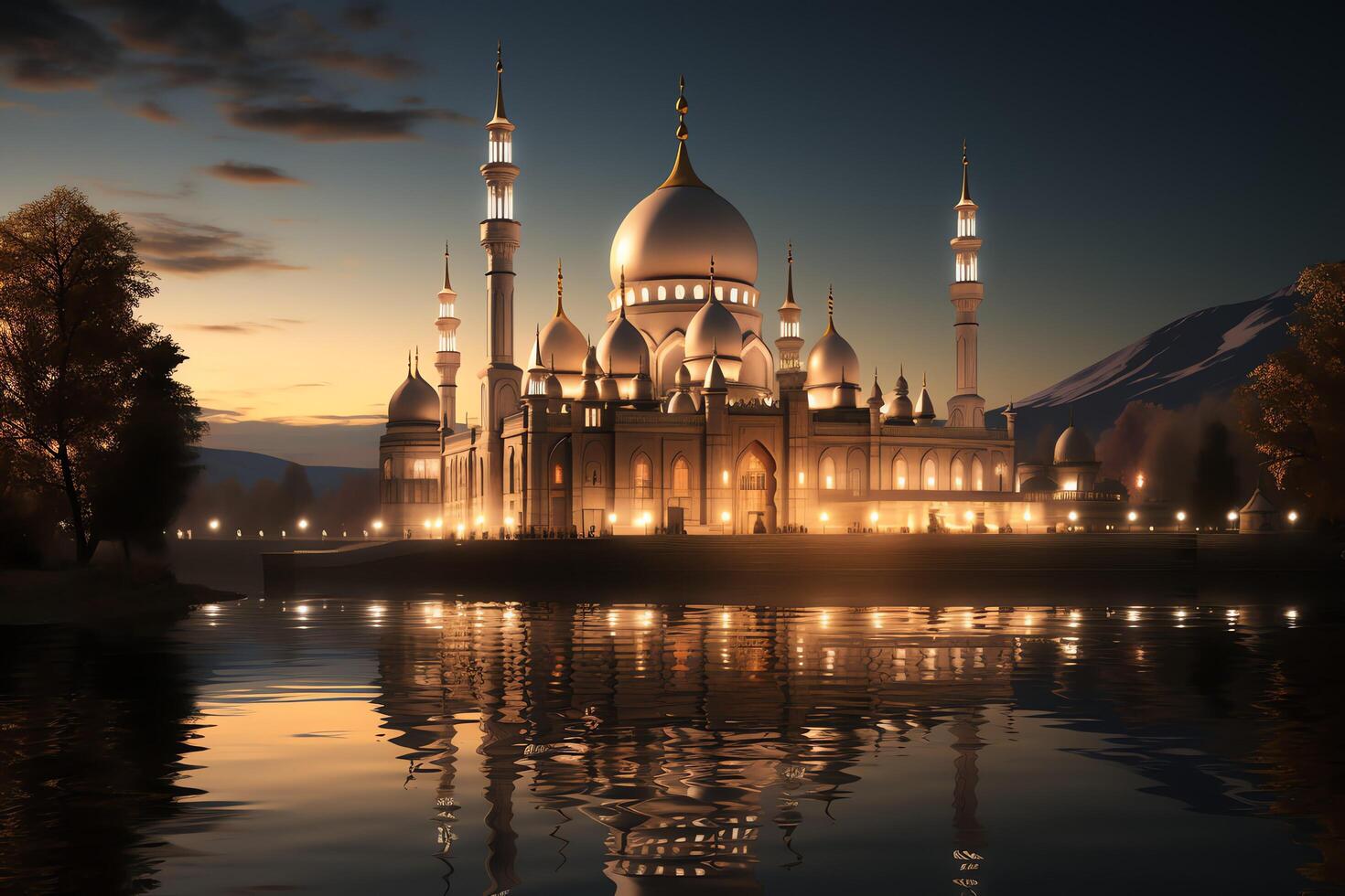 Awesome buildings of mosque in ramadan vibes. Ramadan kareem eid mubarak islamic mosque concept by photo