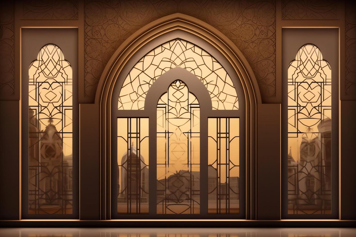 Eid mubarak and ramadan kareem greetings with islamic lantern and mosque. Eid al fitr background. Eid al fitr background of window concept by photo