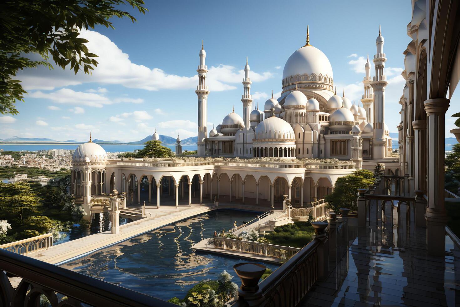 Awesome buildings of mosque in ramadan vibes. Ramadan kareem eid mubarak islamic mosque concept by AI Generated photo