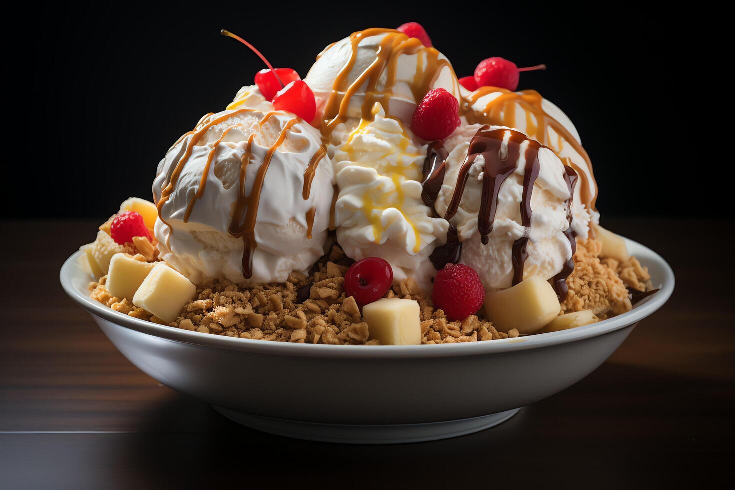 A delicious Banana split ice cream dessert with chocolate syrup. Banana split ice cream dessert by photo