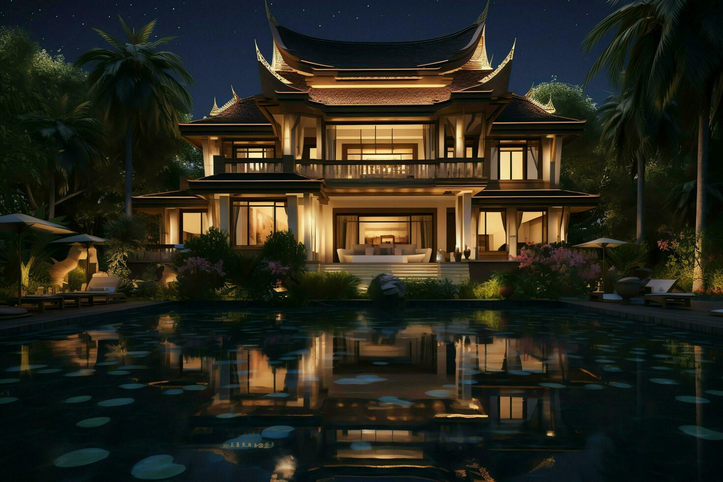 Thai balinese luxury villa with infinity swimming pool. A tropical garden in ubud bali indonesia concept by AI Generated photo