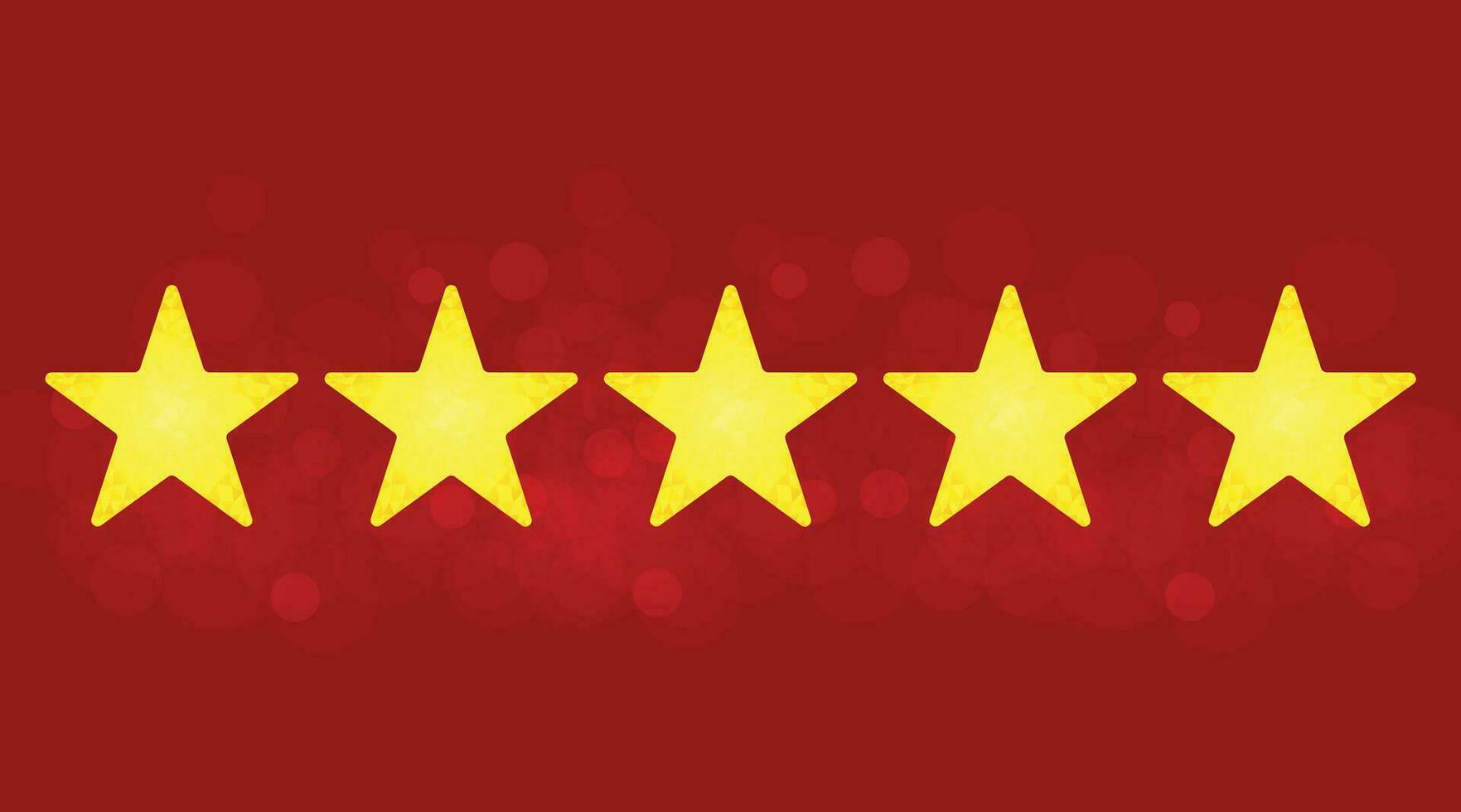 Five Star Product Quality Rating vector icon on red background.