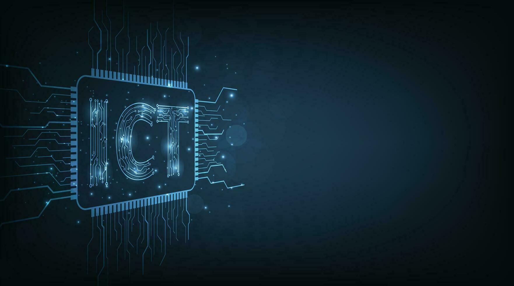 Circuitry diagram runs thru the ICT letters on dark blue background vector