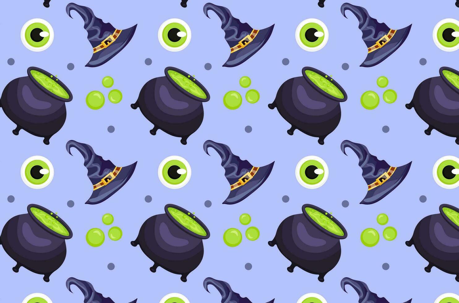 Halloween attributes, witches. Potions cauldron, with potion, eye, poison bubbles, liquids, potions, witch hat. Halloween, packaging, design, print, pattern, background. Seamless pattern, vector, vector