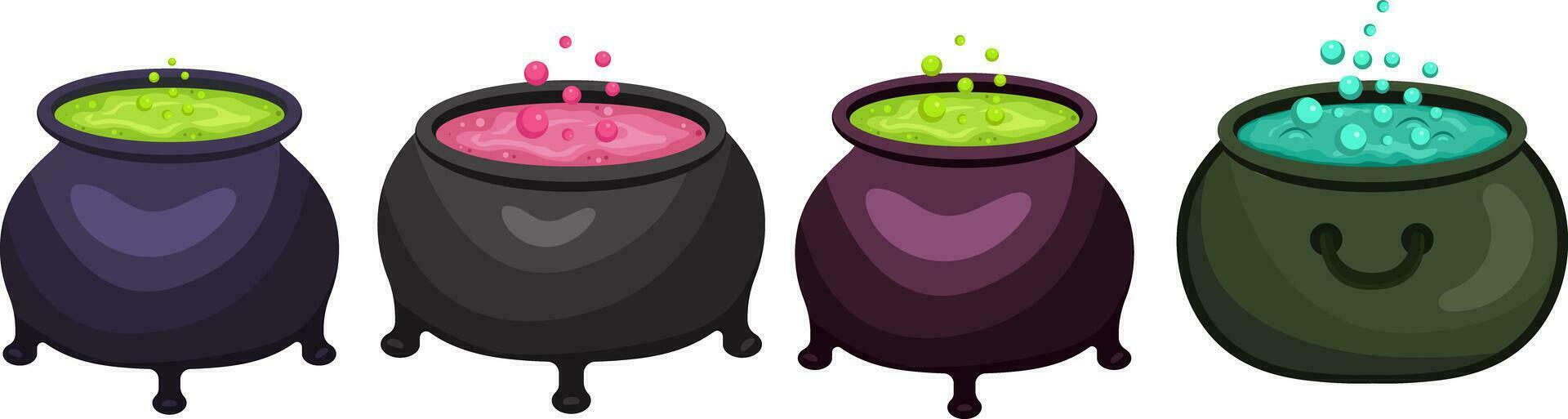 Halloween attributes, witches. Potions cauldron Potion cauldron, witch's cauldron, cast iron. Potion, decoction. Halloween. Set, vector