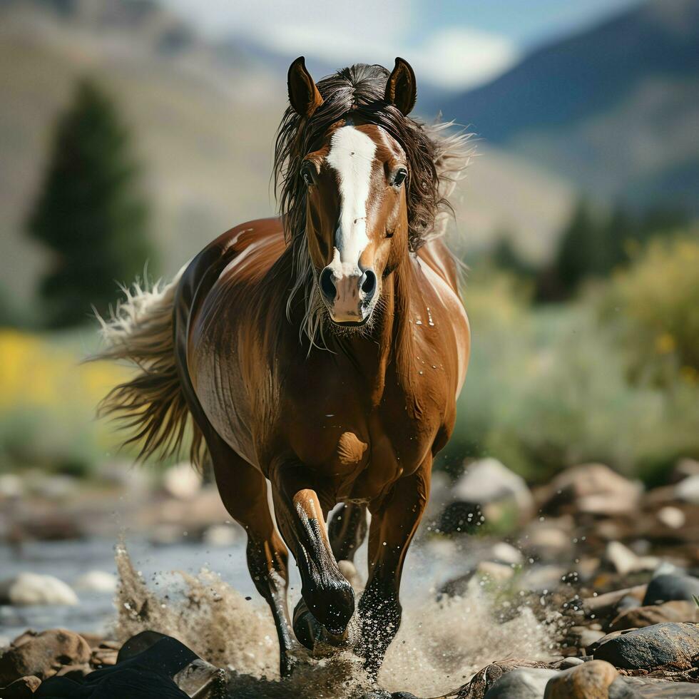 A wild horse running in the creek. Wild or farm animals concept by AI Generated photo