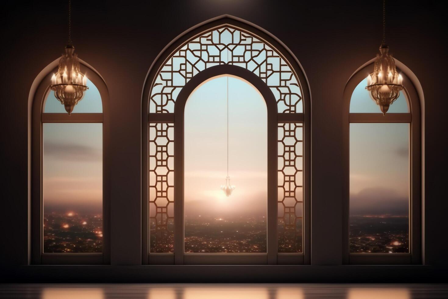Eid mubarak and ramadan kareem greetings with islamic lantern and mosque. Eid al fitr background. Eid al fitr background of window concept by photo