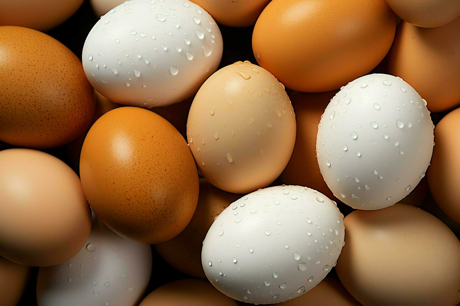 A lot heap of fresh chicken eggs on the wooden, nest or straw basket. Eco eggs groceries healthy concept by AI Generated photo
