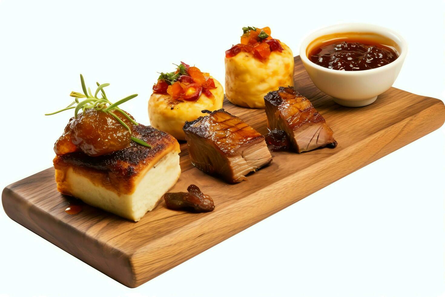 Pork belly braaivleis with mango and chili sauce served on a wooden plank. Restaurant food concept by AI Generated photo