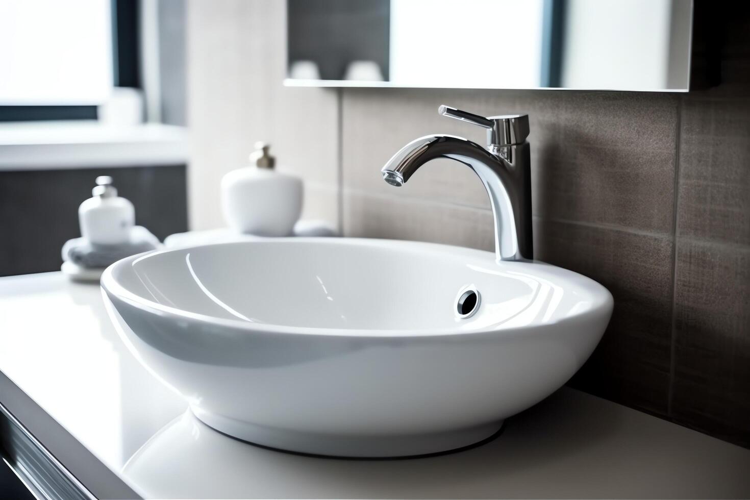 Modern public bathroom with row of white ceramic wash sink basins and faucet with mirror in restroom concept by AI Generated photo