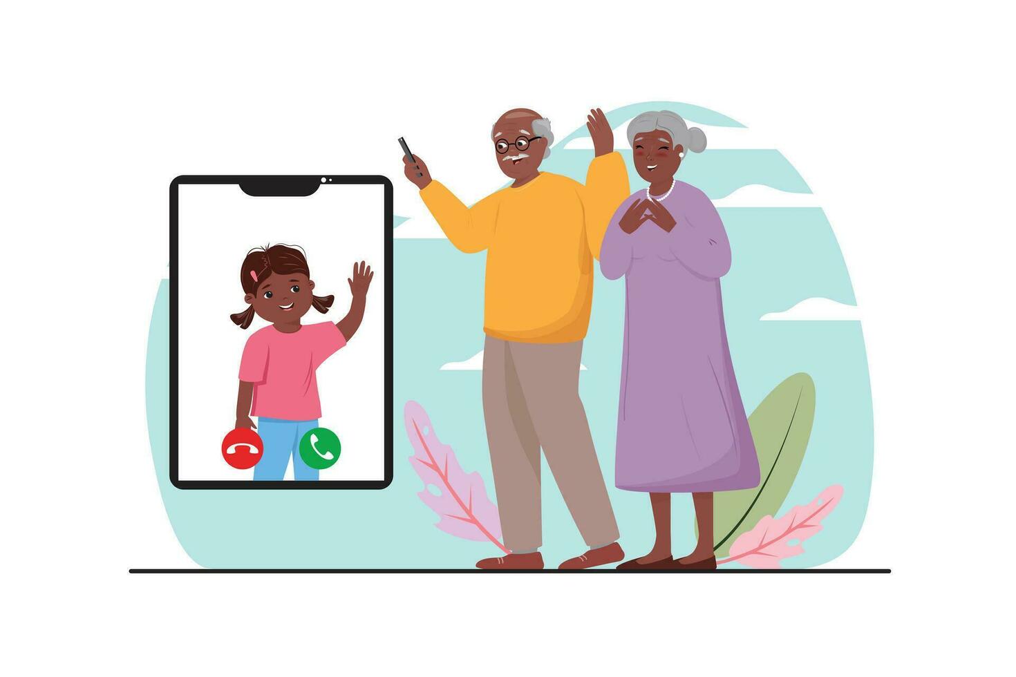 Elderly man and woman calling their granddaughter via video vector