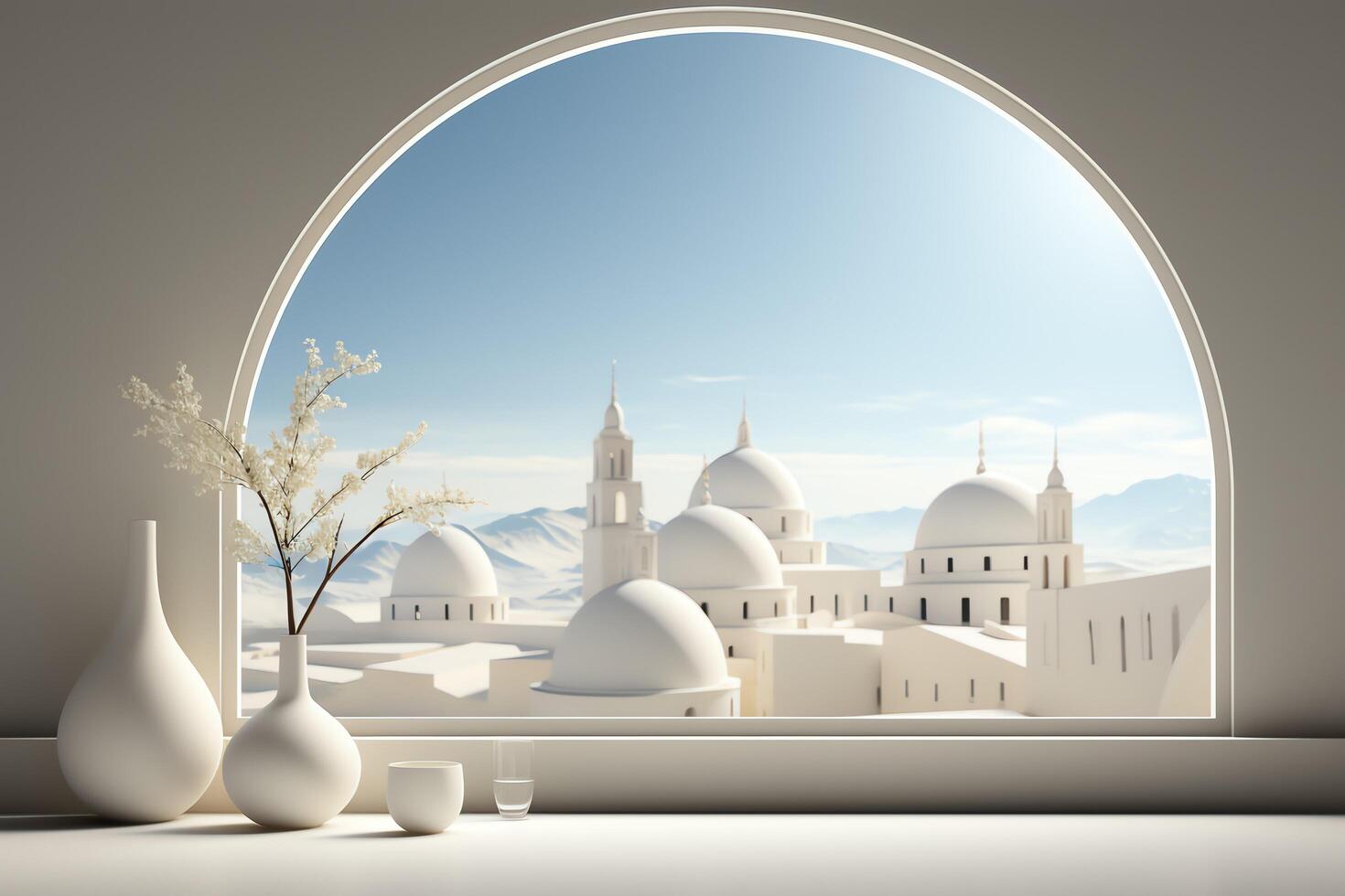 Eid mubarak and ramadan kareem greetings with islamic lantern and mosque. Eid al fitr background. Eid al fitr background of window concept by photo