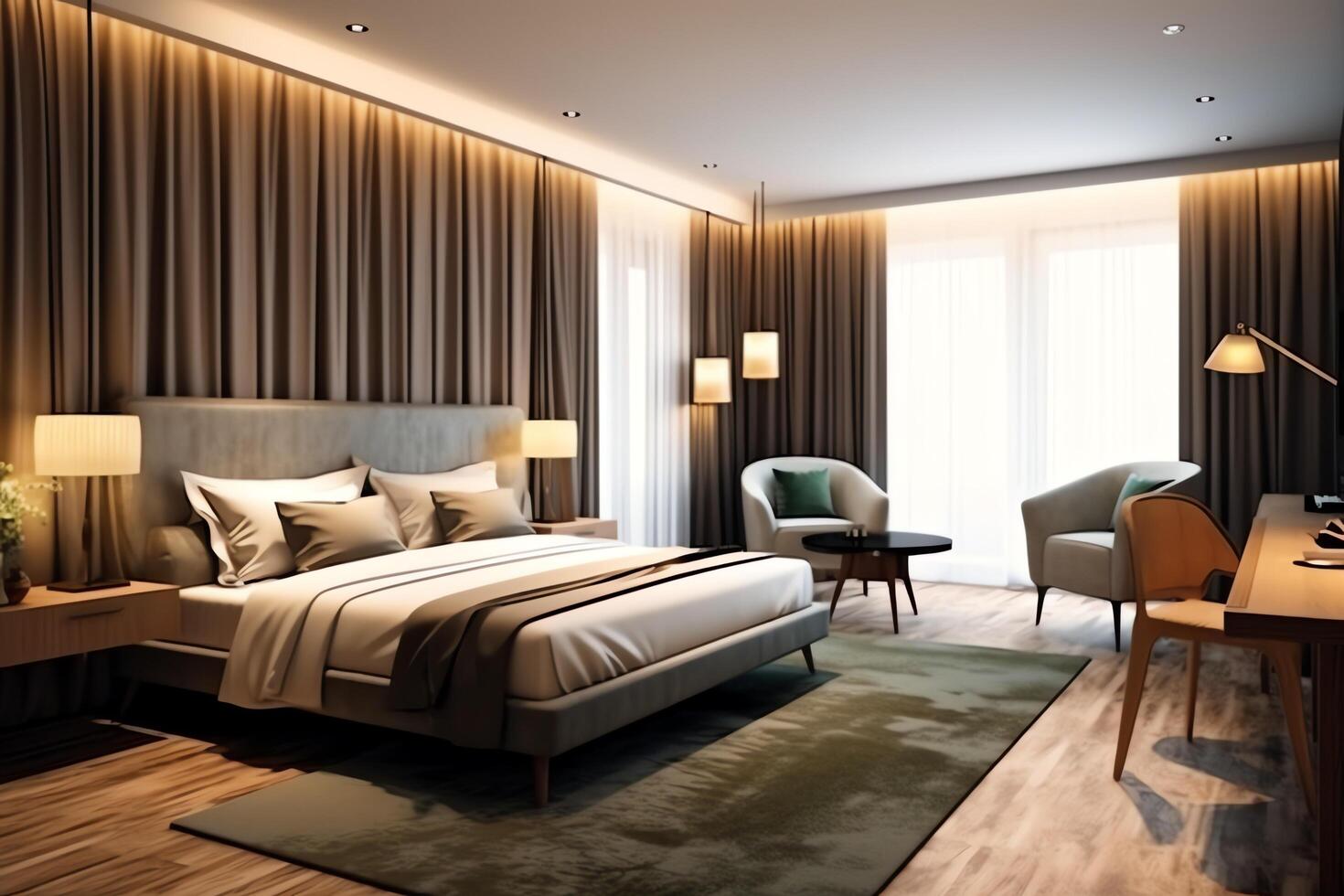 Modern bedroom interior design in apartment or house with furniture. Luxury bedroom scandinavian concept by photo