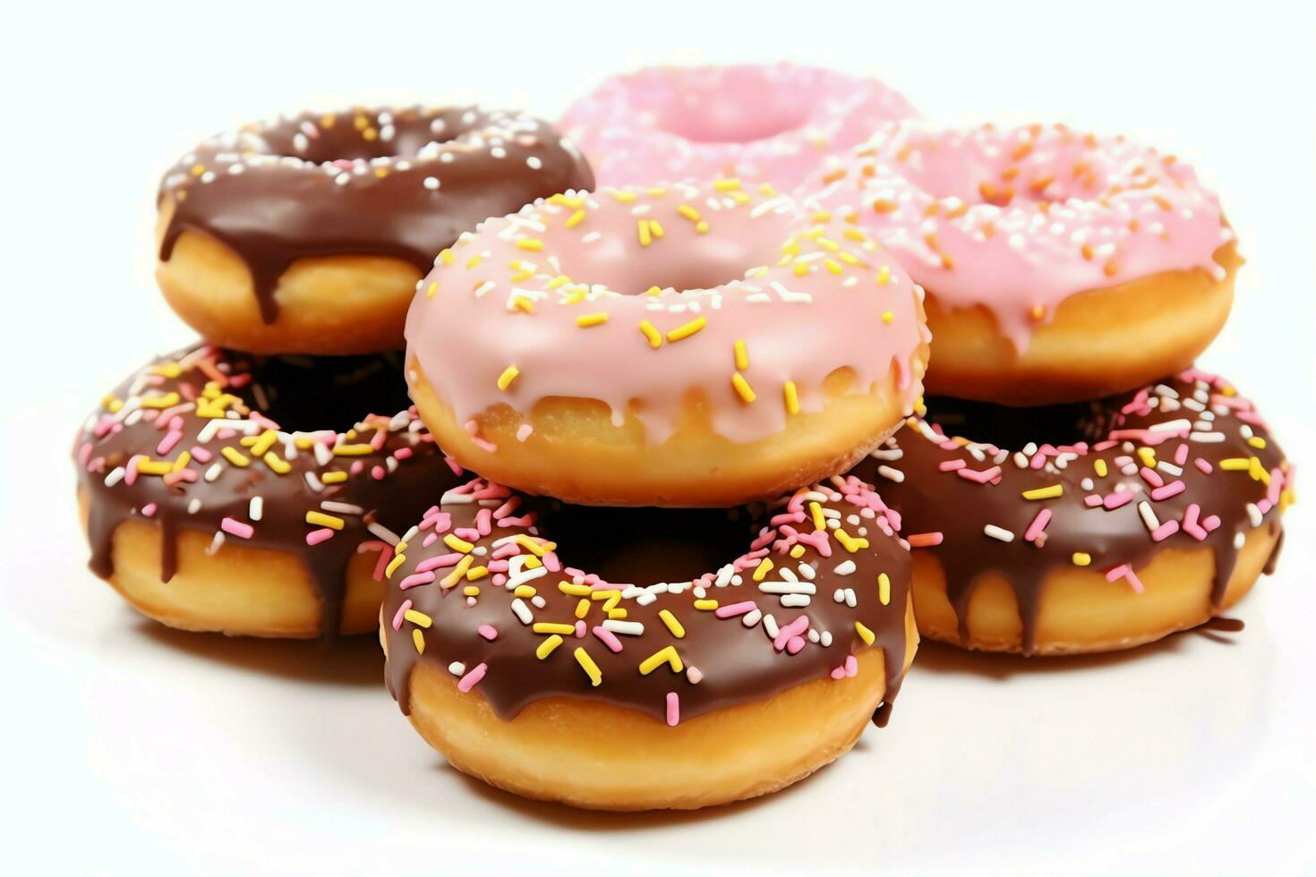 Colorful and tasty various donuts with colorful sprinkles sugar. Delicious dessert donuts background concept by AI Generated photo