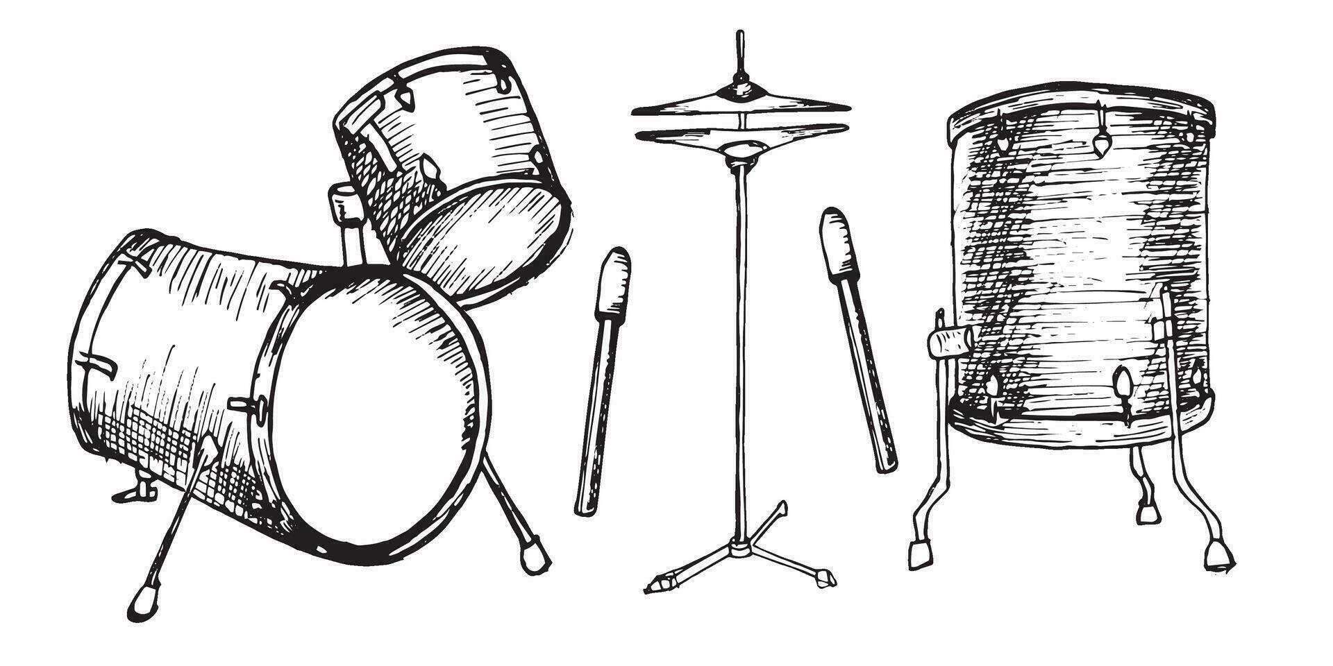 conjunto de tambor equipo, baquetas vector ilustración aislado. musical instrumento tinta mano dibujado. percusión instrumento negro blanco silueta. diseño elemento para para volantes, eventos, folleto, póster