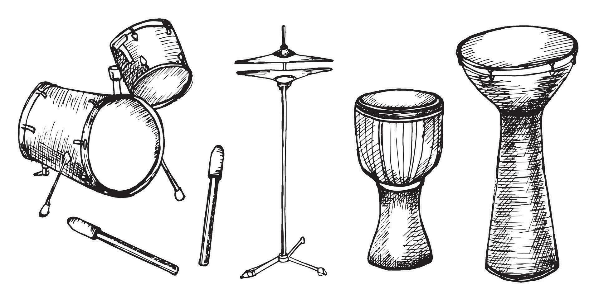 Drum kit, drumsticks vector illustration isolated. Musical instrument ink hand drawn. Percussion instrument black white silhouette. Design element for for flyer, live concert events, brochure, poster