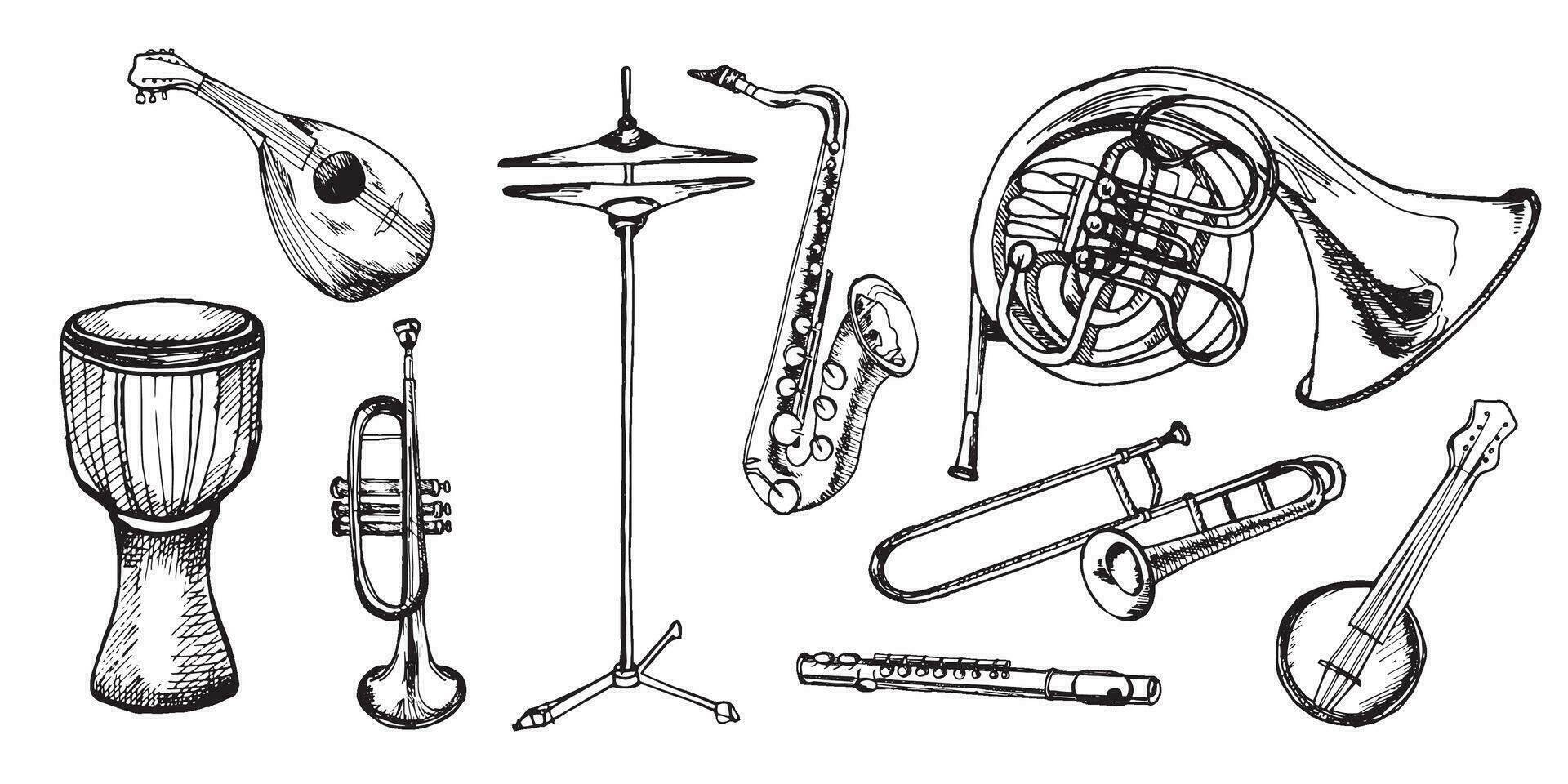 Set of french horn brass, trumpet, saxophone musical instruments vector illustration isolated. Double horn, mandoline, djembe, clarinet silhouette ink hand drawn. Black white element for design