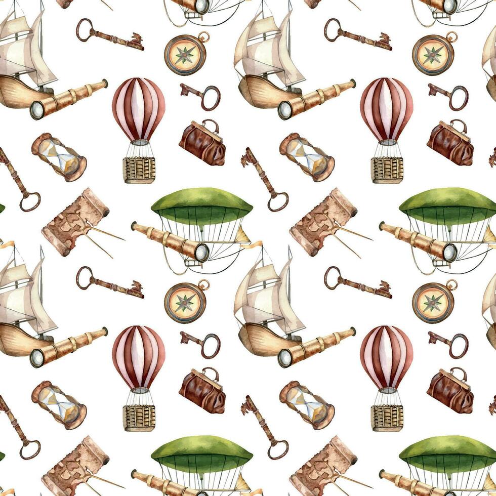 Adventure items vintage style, vessel watercolor seamless pattern isolated on white. Hot air balloon, ship, sailling boat, hand drawn. Design element for boy's print, textile, wallpaper, background vector