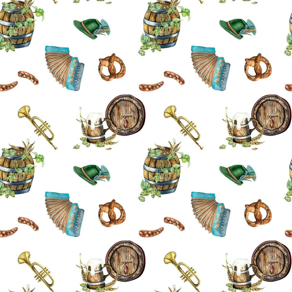 Wooden barrel, pint of beer, german hat, accordion, hop vine watercolor seamless pattern isolated on white. Pretzel, wheat ear hand drawn. Design for beer festival, brewing, wrapping, background vector