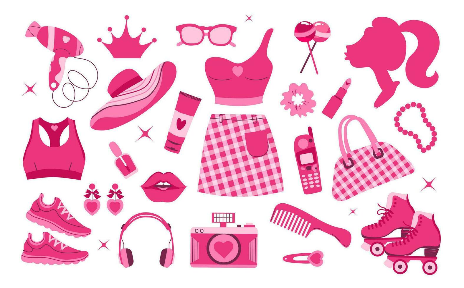 Premium Vector  Pink trendy set pink doll aesthetic accessories and  clothing vector illustration