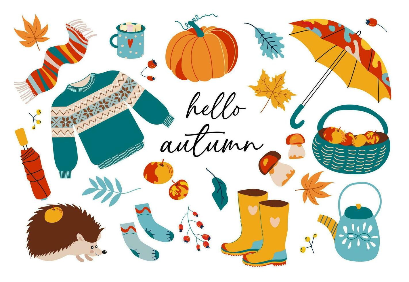 Autumn icons set- falling leaves, pumpkins, sweater, cute hedgehog, boots, basket of apples and more. Autumn season elements suitable for scrapbook, postcards, posters vector